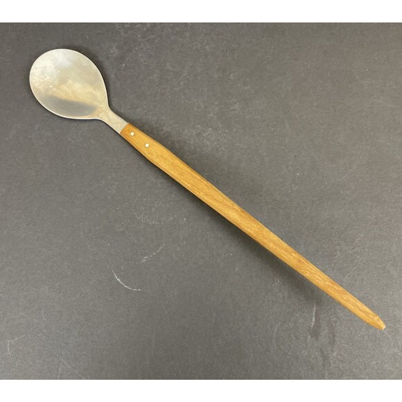 Vintage MCM Wooden Handle Serving Salad Spoon 13” Long Stainless Steel - Picture 1 of 6